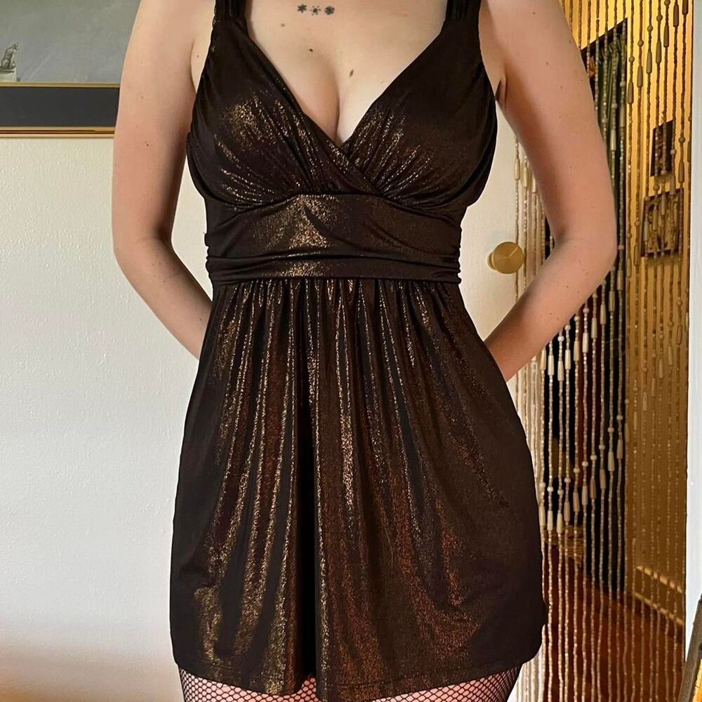 Vintage Y2k Dots Black & Brown Shimmer Metallic Micro Mini Babydoll Dress Size M